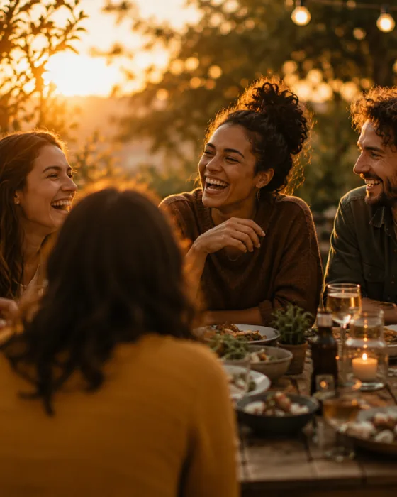 Eine Gruppe erlebt gemeinsam einen Abend im Freien bei Sonnenuntergang