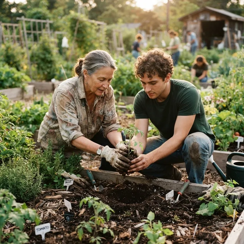Zwei Menschen lernen gemeinsam praktisch im Garten