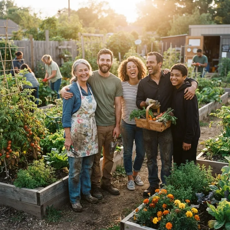 Eine diverse Gruppe von Menschen feiert gemeinsam ein erzieltes Ergebnis im Gemeinschaftsgarten