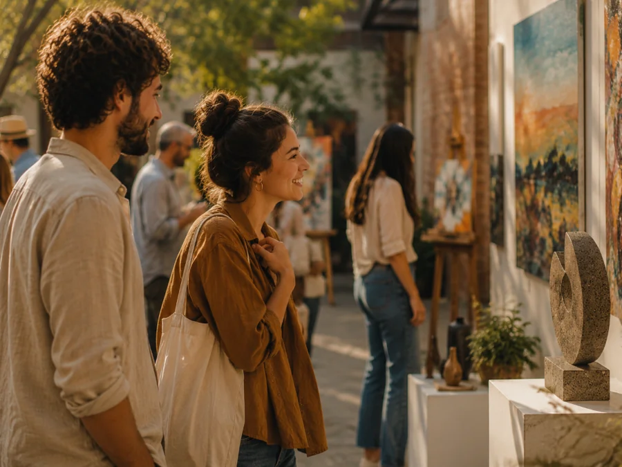 Zwei Besucher betrachten Werke bei einer kleinen Kunstausstellung im Freien