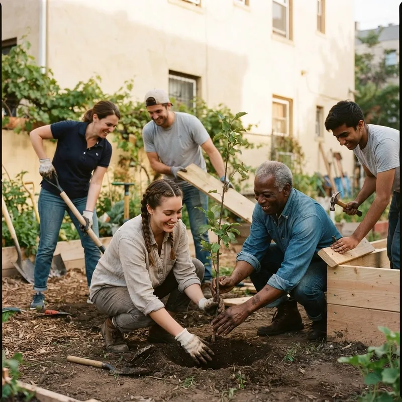 Menschen aus verschiedenen Bereichen arbeiten gemeinsam an einem Gemeinschaftsprojekt im Freien