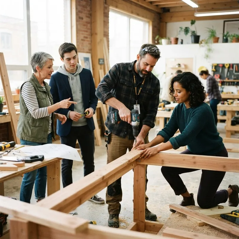 Menschen aus Unternehmen und Initiative bauen gemeinsam eine Holzkonstruktion