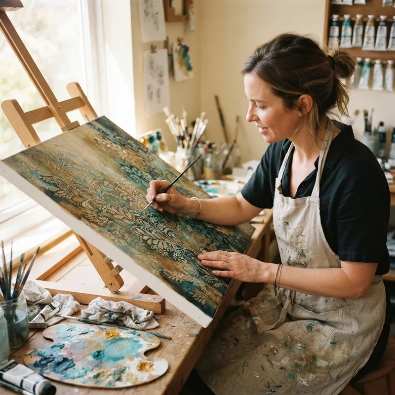 Eine Person bei der detailreichen kreativen Arbeit an einem Kunstwerk